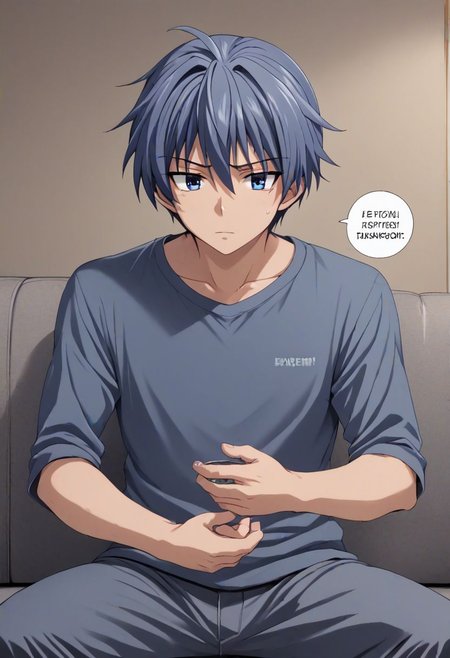 high resolution, solo, best quality, 1Boy, Tomoya Okazaki, Grey Blue Hair, deep talk, depression, sit, couch, OverallDetail