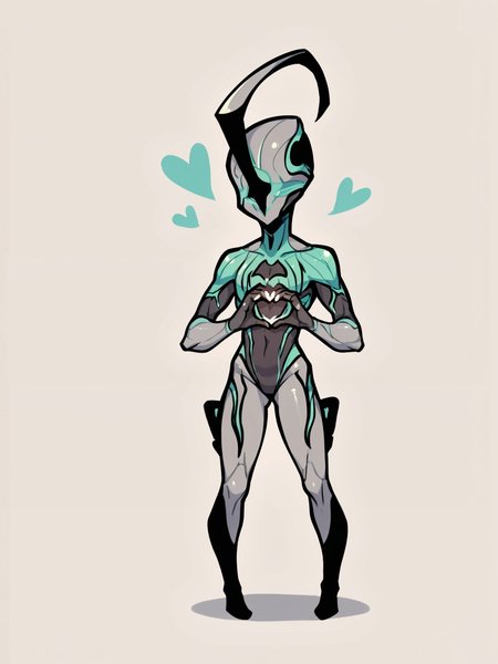 score_9, score_8_up, score_7_up, score_6_up, score_5_up, score_4_up, simple background, chibi, flat colors, solo BREAK
<lora:NyxWF_PDXL_Xtra:0.7> NyxWF, grey body, green trim, eyeless, mouthless, looking at viewer, hand heart, heart, standing