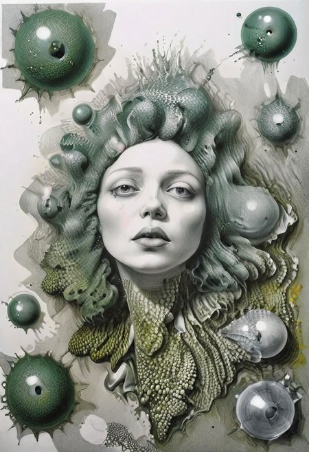 raw sketch of interwoven concrete cement pebbles cob cobblestone shell fishscales snakeskin, melting flesh covered in moss rot mold bubbles droplets, by Hans Bellmer, by Malevitch, by Kandinsky, Surreal psychedelic bizarre, psychedelic hallucination, pop surrealism, rough crosshatch drawing pop art Lunatic_Portrait of a young woman in latex Avant-garde Fashion page, slick back, low bun, black makeup, sinister expression, intense glare, avant-garde, abstract, weird, geometric, constructivism, suprematism, rayonism, verticism, lineism, tj