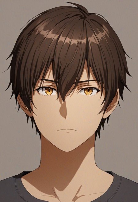 Highres, Masterpiece, High Quality, 4K, 8K, solo, 1Boy, Seiya Kanie, short dark brown hair, golden eyes, Shirt, passport_photo_style, looking at viewer, focused gaze forward, plain background, straight body, head upright, easynegative, detailed_eye_model