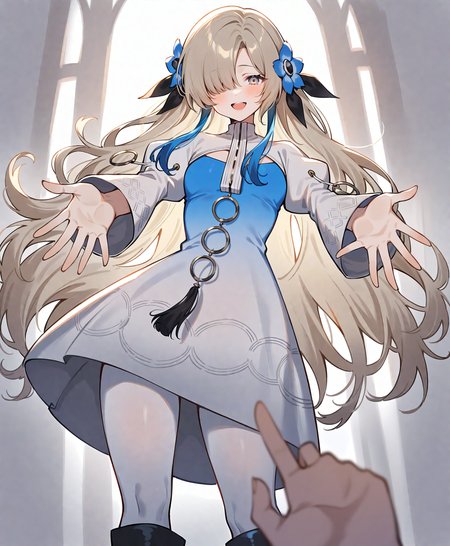 1girl, isekaijoucho, isekai joucho,
blue hair flower, gray wavy long hair, hair over one eye, multicolored hair, white blue two-tone dress, blue white gradient dress, puffy long sleeves, white pantyhose, high heel boots,
reaching, reaching towards viewer, outstretched arms, close-up, portrait, pov, foreshortening, yandere,
masterpiece, best quality, very aesthetic, safe,
<lora:neg4all_bdsqlsz_xl_V91:1>,   <lora:Isekaijoucho_anmgn31_D-B:0.6>