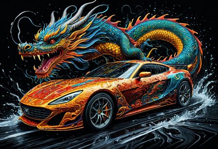 Finely detailed vector illustration, classical sports car, chinese dragon, symbiosis, ultra realistic quality, interwoven pattern, black background, hyperdetailed, intricately detailed,  triadic colors,fantastical,intricate detail,splash screen,complementary colors, fantasy concept art, 8k resolution, masterpiece, oil painting, thick strokes, rich strokes, running drops,
