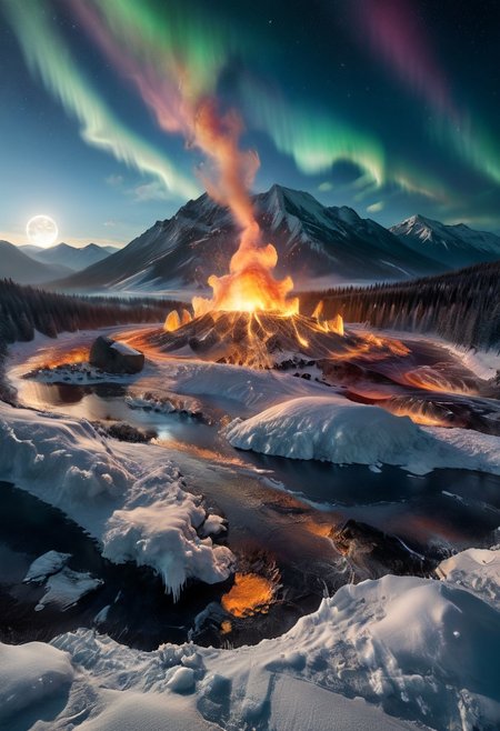 galaxy:2, mountain lake at sunset, mountains, ice, snow, snow-covered, enchanted landscape made of ice and molten rocks, colorful and bright,1c3_w1n73r, volcano, eruption, lava, flowing river, under a luminous full moon, Milky Way, dramatic lighting, dramatic colors, masterpiece, photo, scattering nebula shapes, high contrast:1.4, cinematic depth:1.2, ultradetail 8k, low, night sky, stars, (aurora borealis:1.1), focus on the vulcano
