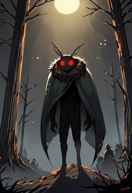 score_8_up, score_7_up, masterpiece, ultra detailed, mothman crouched on the branch of a giant spooky tree, black fur, red eyes, antennae, mouthless, cloak, silhouette, dark sunset behind, dynamic
