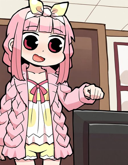 masterpiece, best quality, newest, absurdres, highres, safe, 1girl, tamaki iroha \(roomwear costume\), magia record: mahou shoujo madoka magica gaiden, papa \(shimeguru\), nightgown, yellow shorts, pink coat, solo, indoors, dutch angle, <lora:tamaki_iroha_noobaiXLNAIXL_vPred10Version:0.7>