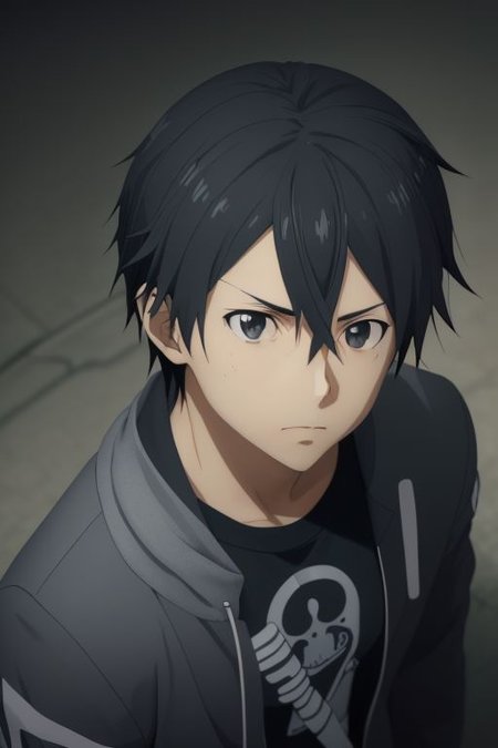 high resolution, solo, best quality, 1Boy, Kazuto Kirigaya, portraits, Black Hair, Black Eyes, casual, seen from above, gangster, dominant, intimidate, OverallDetail