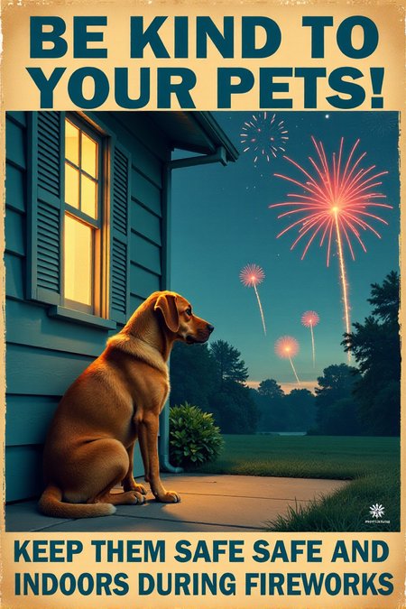 A vintage-style poster featuring a sad-looking dog cowering inside a house with closed windows, while colorful fireworks explode safely in the distance outside. The text in a gentle, blue font reads: "BE KIND TO YOUR PETS! Keep Them Safe and Indoors During Fireworks." Emphasize the importance of animal safety during celebrations.  <lora:REMEs_War_Poster_Style:0.95> In REME's War Poster Style,âââ