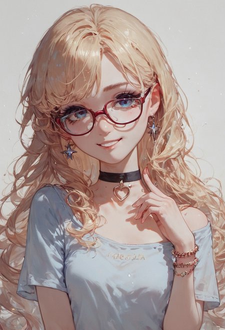score_9, score_8_up, score_7_up,  Anime style, character design,  1girl, smile, skinny, long blonde hair, cute face, pastel hair, glasses, choker, bangle, look at camera, on white background, <lora:pony/twilight_style:0.8> <lora:pony/expressiveh:0.8> expressiveh
