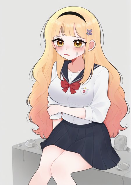 1girl,zPDXL3, blonde hair, broken glass, creature, crying, flower, glass, hairband, long hair, messy hair, octopus, pleated skirt, school uniform, screentones, sitting, skirt, yellow eyes<lora:dami:1>