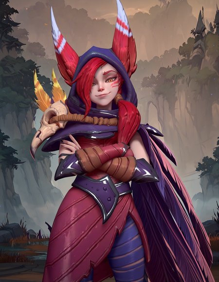 <lora:OMS_Xayah:1> 2d, anime screencap, 1girl, solo, slim, xayah_lol_wr, eyebrows, cheek marks, slit eyes, yellow eyes, red hair, long hair, bangs, hair over one eye, animal ears, ears through headwear, medium breasts, hood up, hood, feathers cloak, red dress, belt, bird skull, yellow feather on bird skull, red skirt, gauntlets, bandage pants, monster bird feet,
looking at viewer, smug,
amazing quality,very aesthetic,absurdres,newest,
indoors, bedroom, white bedsheets,
 outdoors, forest, nighttime, cowboy shot, crossed arms,