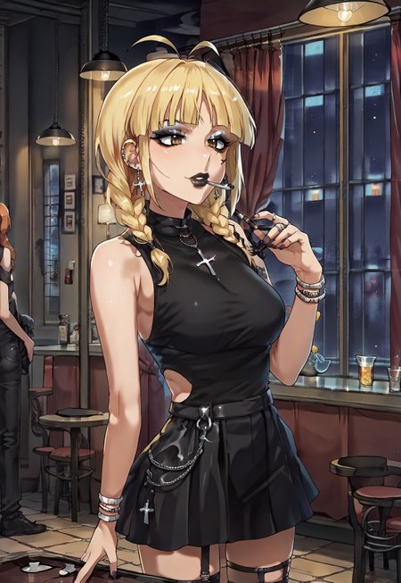safe_pos, Score_9,score_8_up,score_7_up,score_6_up,source_anime,detail,1girl,solo,neon glow,BREAK
GothicC, makeup, lipstick, mascara, black nails, tattoo, black lips, wide lips,  BREAK
akzkrtk,long hair, (blonde hair),(twin braid,bangs:1.1), antenna hair,((no glasses)),brown eyes, BREAK 
(the whole body is sweaty:1.2), (steam on the body),((jet-black skin)),  BREAK
(indoors:1.1),(night:1.4),(cowboy shot:1.2), Dutch Angle Shot, (dynamic angle:1.2), (dynamic pose:1.2), face focus, eyes focus, (sitting, beside Bar counter,), smoking,  BREAK
ruanyi0729,indoors,bar \(place\), BREAK
ruanyi1005,backless dress,black dress,sleeveless,turtleneck,short dress,tight dress,cross-laced clothes, BREAK
Expressiveh,horny face,((seduce)),seduce smile, mouth close, BREAK
OverallDetail,Frontlight,