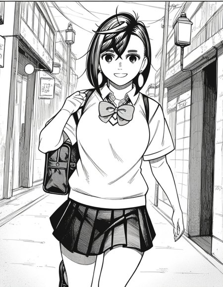 score_9, score_8_up, score_7_up, source_anime, <lora:momo-ayase-manga-ponyxl-lora-nochekaiser:1>, momo ayase, short hair, bangs, thick eyebrows, monochrome, greyscale, medium breasts,, skirt, school uniform, pleated skirt, shoes, socks, loafers, sweater vest, shirt, white shirt, collared shirt, earrings,, city street, evening, streetlights, walking dog, quiet neighborhood, gentle breeze, smile, from below, looking at viewer, solo,, dutch angle, cowboy shot