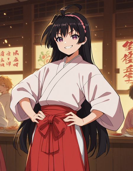 score_9, score_8_up, score_7_up, source_anime, <lora:ayako-mochizuki-s1-ponyxl-lora-nochekaiser:1>, ayako mochizuki, long hair, black hair, purple eyes, ahoge, hairband,, skirt, japanese clothes, hakama, miko, red hakama,, restaurant, laughter, good food, warm lighting, celebration, smile, looking at viewer, smug, hands on hips,, solo,, cowboy shot, dutch angle