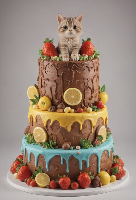 Masterpiece, unique background, dynamic shot, hyper-maximalist, detailed, detailxl, smooth 3D cartoon style, a vibrant colorful cake for kids that mimics a landscape made of (ais-lmnsgr; milk; chocolate; lemon; sugar; strawberries;), it has river, sun, trees, mountains. BREAK (There's a cute little cat sitting over the cake with large expressive eyes; detailed fluffy fur; cute little paws, and fluffy tail.)