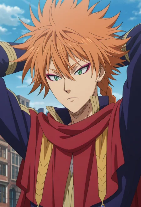 masterpiece, best quality, , anime screencap, anime coloring, official style, , 1boy, solo, male focus, <lora:leopold_vermillion_ilxl:0.92>, leopold_vermillion, orange hair, green eyes, spiked hair, long hair, braid, single braid, makeup, eyeshadow, eyeliner, , asymmetrical, city, city lights, day, arms up, distracted, aloof, oblivious,