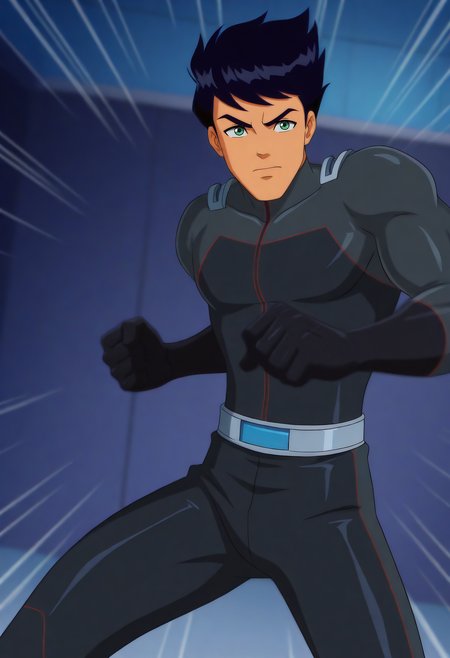 embedding:Illustrious\Positive\IllusP0s, embedding:Illustrious\Positive\IllustriousQual, 1boy, ss6_blaine_ts!, male focus, solo, upwards spiky hair, black hair, green eyes, muscular, bodysuit, navy grey catsuit, metallic shoulder pads, black gloves, silver belt, fist, charging, action, emphasis lines, motion blur, particles, dutch angle shot, vfx, depth of field, best quality, high resolution,