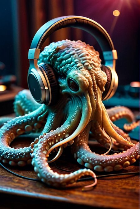 analog photo,photoart_style,realistic,film grain,4k,Kraken is listening to music with headphones,volumetric natural light, epic atmosphere,perfect composition, highly detail, enchanted,deep rich vivid colors, perfect symmetry,  great composition, complimentary colors, beautiful elegant stylish, intricate detail