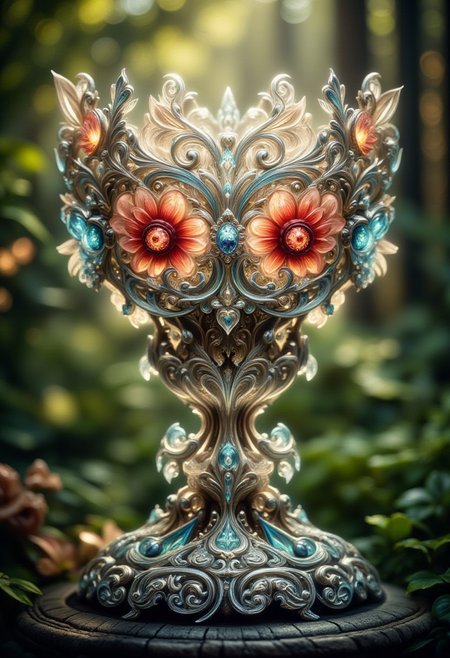 hyperdetailed ultra-detailed realistic, detailmaximizer, 
extremely detailed best quality, reality-shot, realism, realistic photography of a an elaborate crystal chalice, with very small ornaments, in many different vibrant colors. 
The crystal chalice is placed on a pedestal in the middle of a lush garden, intricate details, ultra sharp, exquisite detail, flawless composition, vivid colors, masterpiece, exciting background. , High Definition HD, High Detail, Perfect Composition, dark fantasy movie, cowboy shot, bokehmachine, bokeh