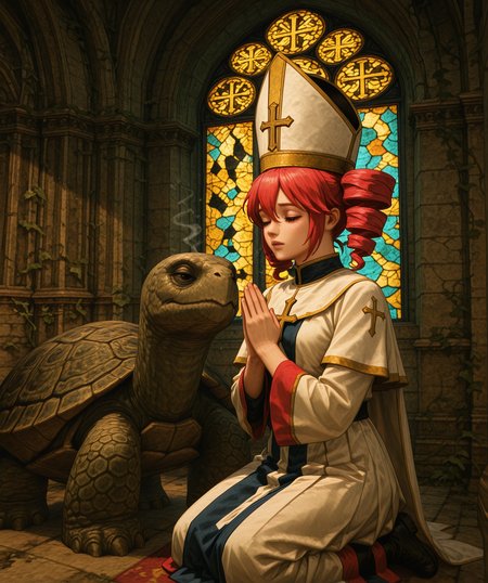 (kingpin, realistic, masterpiece, best quality, amazing quality, very aesthetic, absurdres, newest:1.4), sfw, solo, 1girl, kasane teto, red hair, twintails, twindrill hairstyle, red eyes, praying pose, hands together in front of chest, reverent expression, kneeling or standing humbly, eyes closed or gazing upward with awe, cinematic religious light rays, dramatic holy glow, ambient warmth, ancient chapel or ruined cathedral setting, stone walls, overgrown ivy, broken stained glass, divine atmosphere, magical particles in air, soft volumetric lighting, ornate details, spiritual mood, (turtle pope:1.2), focused composition, 3d rendering, <lora:dmd2_sdxl_4step_lora:1>, <lora:Kingpin_-_Life_of_Crime_Style_E17_DIM16_ILXL_V1.2:1>, <lora:turtle_pope_r1:1>