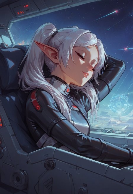 score_9, score_8_up, score_7_up, score_6_up, perfect face, perfect eyes,,4ng3l face ,  1girl, solo,  
nereirfpnxl,frieren, elf, white hair, green eyes, twintails,  , white tight plugsuit, latex, resting, relaxing, ((sleeping, eyes closed)), light smile, 
gundamwingcockpit, futuristic, scifi, controls, joystick, holographic interface, technology,  spaceship, (stars),