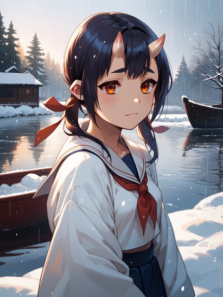 (cowboy shot, solo focus:1.2) <lora:happy_tentacle-momiji-v0.1-000024:0.9>, ht_momiji, hair ribbon, small breasts, (petite:1.2), <lora:Shed_The_Skin's StS_age_slider_v1_initial_release:-1> ( :1.1) (perky breasts:1.2) ( , , (sad :1.2) , smile , looking up :1) , outdoors, vegetation, ( :1.1), winter, snow , (dawn :0.6), rain , (:0.5), , (european architecture :0.9), boat, mast, sailor ( :0.8) score_9, score_8_up, score_7_up, score_6_up, score_5_up, score_4_up, ( [(realistic, photorealistic:1.3):(realistic:1.2):16] [(3d:1.2)::14] :1) <lora:LUUNA's Lunas-NijiJourney-SDXL-B2:0.4>, nijijourney <lora:prgfrg23's Counterfeit-V3.0 Style SDXL_LoRA_Pony Diffusion V6 XL:0.5> <lora:mfcg's mfcgXL:0.12> <lora:reweik's gyokai(himehajime)_PonyXL_style_v01:0.14>