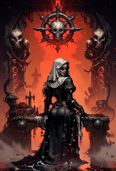 score_9, score_8_up, score_7_up, yamer_pixel_fusion, pixel art, 
An enigmatic figure of a nun, her habit transformed into a lavish gown of black silk and red accents, presides over a ritualistic dance at a masquerade ball. Her mask, an elaborate creation of feathers and jewels, only partially conceals her identity, adding to her mystique and allure., 
occult lingerie, full view of her booty, big booty, big butt, naughty, looking over her shoulder, seducing with her big butt, sexy ass seductive wide hips, butt cheeks, twerk, in the style of a vintage, high-contrast setting, capture the essence of a campy and sensual satanic ritual. Emphasize theatrical elements with bursts of bright colors against dark, moody backgrounds
, retro futuristic, atompunk, hyper-detailed, scifi, lofi, d3p1x3l, pixel art