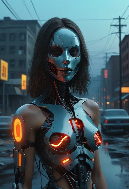 (Ultra Realistic:1.0),32k,(Masterpiece:1.0),(High Detailed Skin:1.0),( High Quality:1.0),
(Detailed Realistic Background:1.3),
(Official Art, Beautiful and Aesthetic:1.2),
(Realistic Lighting:1.0),
Front 3/4 view portrait Picture illustration of A synth-wave style anonymous "duft-punk" style 19yo female warrior. Faceless. Disturbing. Deadly. Celestial azure light comes from his mask. A visible "C" and then "A.I." are patched on his right shoulder. The patches are glowing of a complementary color of the mask's light. Dusk. Long realistic shadows. Several electrical and fiber optic cables around the city. Post apocalyptic buildings and landscape all around. Many details everywhere. Ray-Tracing. Anti-Aliasing. Realistic reflections. Realistic soft shadows. Moody. Disturbing. Insane quality. Insane resolution. Insane details. Masterpiece. by Simon Stalenhag.
Thoughtful look,
by Elliott Erwitt,
 <lora:MJ52:0.8>
Cinematic illumination.
Many details everywhere. Ray-Tracing. Anti-Aliasing. Realistic reflections. Realistic soft shadows. Ironic.
Spiritual.
Partially introspective.
Uplifting.
Slightly desaturated colors. 
Insane quality. Insane resolution. Insane details. Masterpiece. 
Life-Like detail. By Simon Stalenhag. Holy. Sacred.
16k resolution