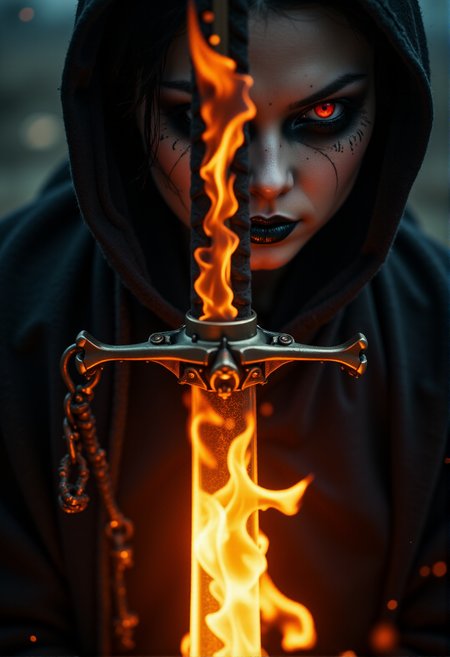 Horror-themed сlose-up. The battle witch. (katana flaming sword in front of you, shiny metal:1.3). (black gaping eyes, fire in the eyes:1.2). (black-fire pupils:1.2). Black veins, black lips and black mouth paint. Pale gray face, pale dry lips. Glare, flying particles of flame and embers. Scary and mystical atmosphere.
 <lora:DarksunRiddV4:1> 
<lora:New_Fantasy_CoreV4_FLUX:1>
 <lora:FL-bailing-24-0906Fire Spirit:0.7> bailing_fire, A girl made entirely of flames stands. Eerie, unsettling, dark, spooky, suspenseful, grim, highly detailed