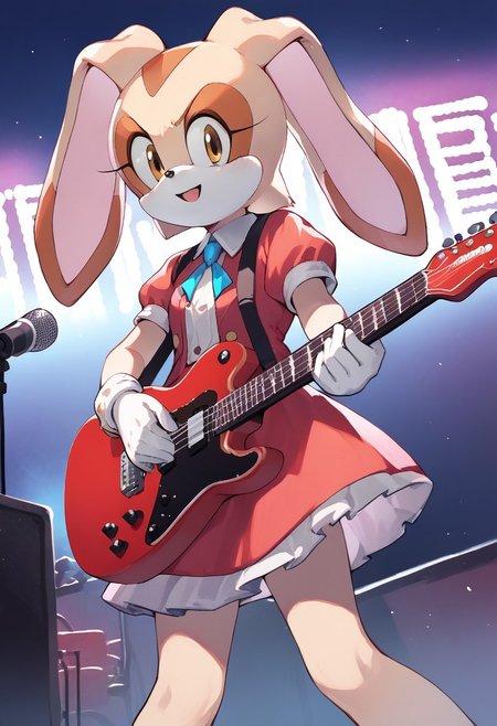 Cream The Rabbit, idol dress, electric_guitar, playing_instrument, pink guitar, neon lights, stage lights, night, 
score_9, score_8_up, score_7_up