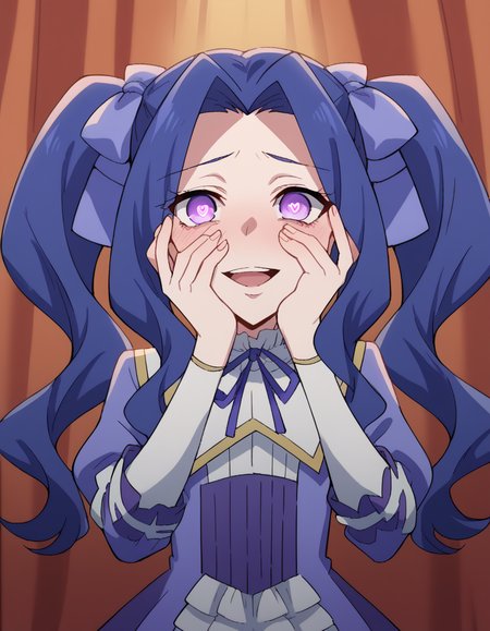 score_9, score_8_up, score_7_up, source_anime, <lora:melty-q-melromarc-s1-ponyxl-lora-nochekaiser:1>, melty q melromarc, long hair, ribbon, twintails, blue hair, purple eyes, hair ribbon, purple ribbon, parted bangs,, long sleeves, dress, frills, ribbon trim, purple dress,, stage, curtains, spotlight, audience, microphone, , <lora:yandere-trance-ponyxl-lora-nochekaiser:1>, yandere trance, yandere, hands on own cheeks, hands on own face, crazy eyes, crazy smile, crazy, heart-shaped pupils, glowing eyes, symbol-shaped pupils, hand on own face, open mouth, glowing, blush, looking at viewer,, looking at viewer, solo,, dutch angle, cowboy shot