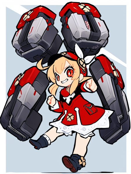 masterpiece, best quality, <lora:style37-xl-a3.1:1>,full body,mecha musume, arm cannon,
1girl,solo,klee \(genshin impact\), grin,