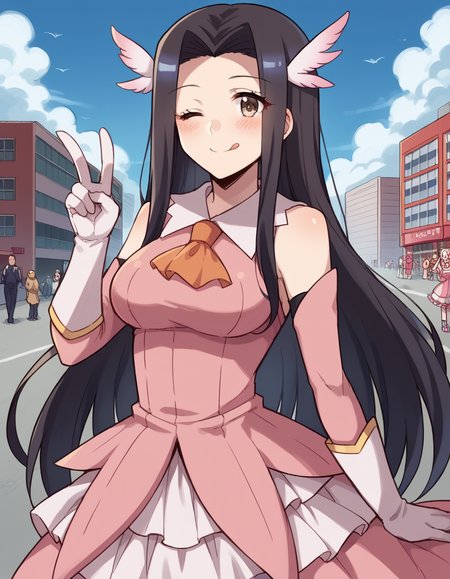 score_9, score_8_up, score_7_up, source_anime, <lora:kuroko-smith-s1-ponyxl-lora-nochekaiser:1>, kuroko smith, long hair, black hair, parted bangs, brown eyes, large breasts,, <lora:prisma-illya-cosplay-ponyxl-lora-nochekaiser:1>, prismaillyacosplay, prisma illya (cosplay), dress, elbow gloves, feather hair ornament, feathers, frilled dress, frills, gloves, hair ornament, layered gloves, magical girl, orange ascot, pink dress, pink feathers, pink gloves, pink sleeves, white gloves,, cityscape, street, smile, blush, v, v over eye, one eye closed, tongue out, , dutch angle,