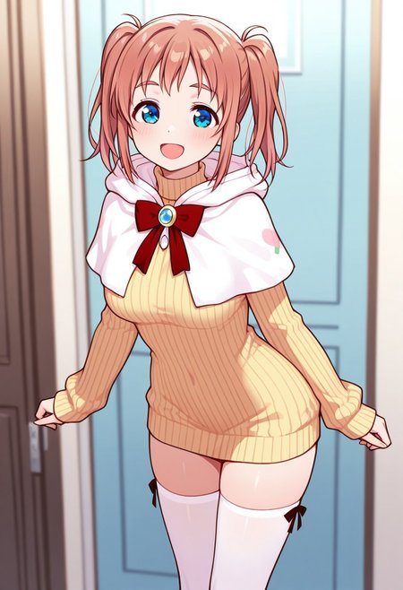 masterpiece, best quality, 32k, high resolution, absurdres, honoka kanami, capelet, thighhighs, brooch, long sleeves, dress, :d, white thighhighs, sweater, ribbed sweater, ribbon