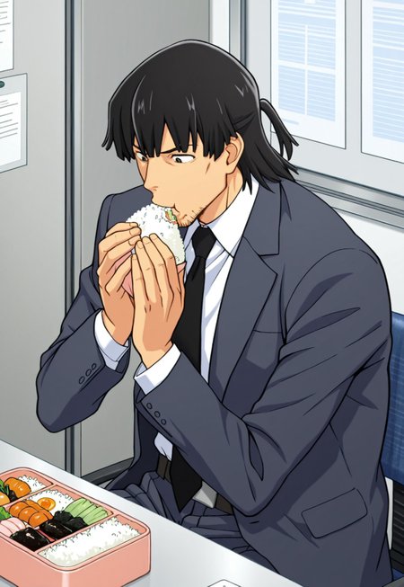 solo, masterpiece, detailed, ultra hd, best quality, 1boy, male, official art, w0lfc0nf, modern, new

FDKurusu, black hair, stubble, black necktie, suit, white shirt, office, sitting down, eating, rice, bento