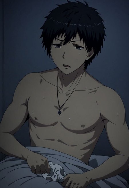 high resolution, solo, best quality, 1Boy, Arata Kaizaki, Black Hair, bedroom, dimly lit, pillow, blanket, necklace, upper body quarter, sexual stimulation, tissue, sex toys, climax, masturbation, shirtless, sixpack, horny, OverallDetail