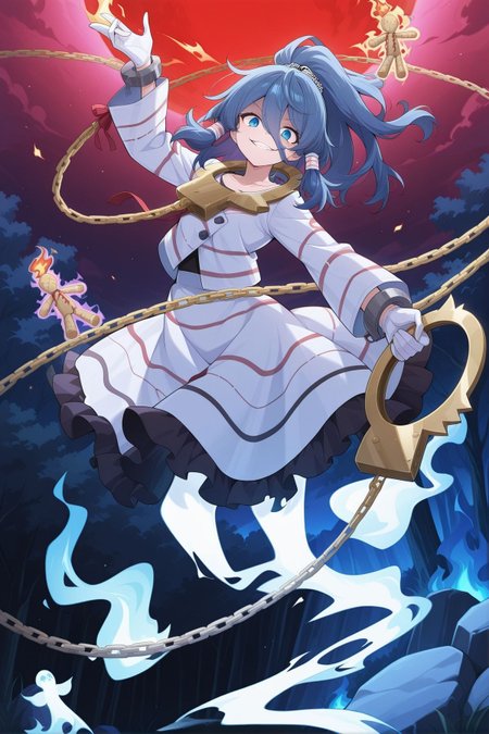 absurdres, highres, masterpiece, best quality, amazing quality, official anime artwork, screencap, anime screencap, outdoors, looking at viewer, evil smile, dynamic pose, 
 <lora:Mizuchi-Miyadeguchi_Illustrious:1> miyadeguchi mizuchi,  1girl, solo, blue eyes, blue hair, long hair, hair tubes, ponytail, ghost tail,, skull hair ornament, white gloves, white shirt, long sleeves, striped shirt, striped skirt, chain, cuffs, shackles, gold handcuffs, sleeve ribbon,  
moon, night, fire, light particles, voodoo doll, fire, blue flames, hell, red theme,