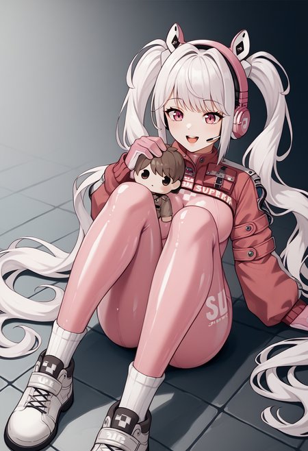 score_9, score_8_up, score_7_up, source_anime BREAK 1girl, solo, <lora:commanderdoll-nikke-richy-v1_pdxl:1> holding doll, commander doll,  <lora:alice-nikke-richy-v2_pdxl:1> alicedef, pink eyes, white hair, twintails, very long hair, bangs, headset, fake animal ears, animal ear headphones, shrug \(clothing\), long sleeves, medium breasts, pink bodysuit, latex bodysuit, multicolored gloves, pink gloves, white gloves, sitting, on floor, knees up, smile, :D, open mouth, hugging object, cheek press, socks