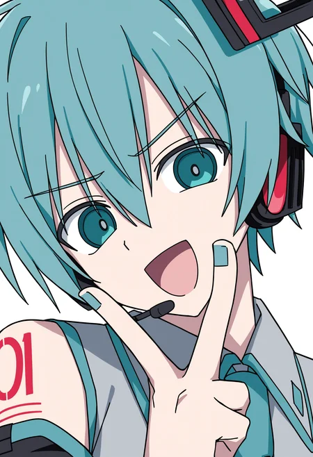 1boy, male focus, hatsune mikuo, 
channelstyle, solo, portrait, short hair, :d, white shirt, v, hand up, long bangs, black sleeves, aqua hair, necktie, smile, headphones, blue necktie, simple background, looking at viewer, aqua eyes, detached sleeves, twintails, wing collar, v-shaped eyebrows, number tattoo, collared shirt, genderswap, grey shirt, aqua nails, shirt, tattoo, genderswap \(ftm\), open mouth, channel \(caststation\) \(style\), hair between eyes, white background,
masterpiece, best quality
 <lora:ChannelStyle-RASF-000100:1>