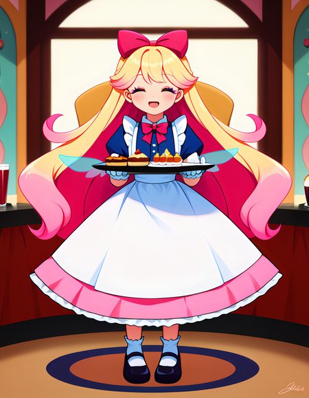 score_9, score_8_up, score_7_up, score_6_up, score_5_up, score_4_up , 1girl, sizzlesjellyqueen, blonde hair, pink hair, two-tone hair, gradient hair, holographic wings, masterpiece, best quality, absurdres,
(cute style, bright pastel colors), kawaii, cute, tafashion, waitress, standing, (pastel ruffled gleaming waitress dress), apron with bows, chest bow, giant waist bow, huge hair bow, gloves, too many frills, large bow, too many bows, ruffles, Mary Janes shoes, short ruffled bobby socks,
blush, cute makeup,
indoors, maid cafe, cosplay cafe, tables and chairs, intricate cafe background,
(solo), standing, happy smile with closed eyes, ^_^, serving tray, holding serving tray with sweets,
highly detailed, majestic, shallow depth of field, movie still, soft lighting, circular polarizer, colorful, 1girl, perfectly flat chest, tiny perky tits, kiki, arcadia