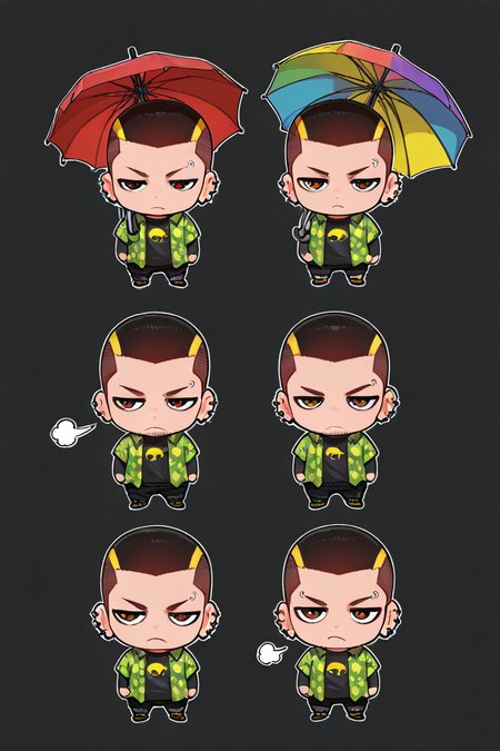 masterpiece, best quality,amazing quality, colorful, Simple Background, black background, white outline, BREAK, 1boy, male focus, solo, UnjiZuma, zuma_ear_piercings, zuma_eyebrow_piercing, facial hair, chin stubble, BREAK, zuma_oversized_shirt_with_flower_patterns, black_tight_longsleeves with_umbrella_print, (IMAGE TYPE -PORTRAIT, HALF BODY, FULL BODY, ETC-), (chibi:1.4), only chibi, chibi body, chibi style, Emote Chibi, (cropped shoulders), variations, four variations, 4 views, multiple views, chart, multiple expressions, expressions: [pout, sigh, sulking, disdain, frustrated],