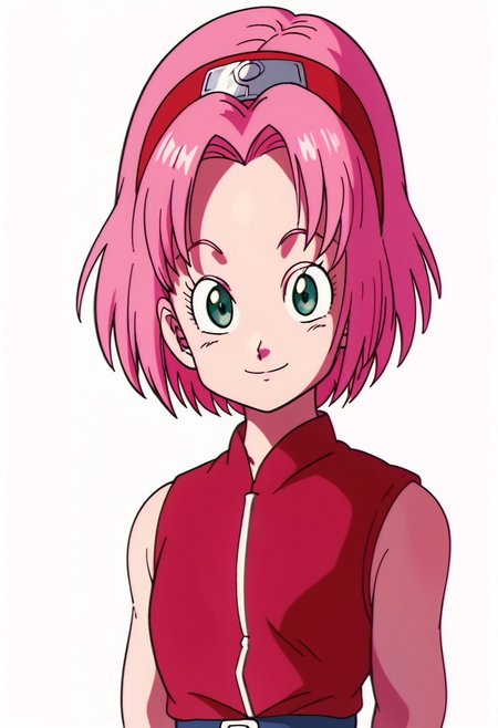 score_9, score_8_up, score_7_up, score_6_up, score_5_up, score_4_up, BREAK, source_anime,
1girl, haruno sakura, pink hair, short hair, green eyes, sleeveless, red shirt, forehead protector,
hands behind back, smile, upper body, looking at viewer, solo, simple background, white background, anime screencap, anime coloring   <lora:SakuraShippudenXL:1> 90s dbz style, style dragon ball z girls 90s, retro style.