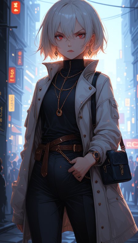Stable_Yogis_PDXL_Positives, zPDXL3, Expressiveh, score_9, score_8_up, score_7_up, masterpiece, Raw Photo, realistic, 4n1v3rs3, midjourneyv6.1, perfect eyes, 1girl, solo, breasts, looking at viewer, short hair, bangs, shirt, red eyes, long sleeves, holding, hair between eyes, jewelry, medium breasts, closed mouth, standing, jacket, white hair, multicolored hair, earrings, small breasts, outdoors, multiple boys, open clothes, solo focus, belt, pants, dark skin, necklace, bag, blurry, sweater, open jacket, dark-skinned female, coat, v-shaped eyebrows, black shirt, night, depth of field, blurry background, turtleneck, frown, black pants, white jacket, building, tsurime, zipper, backlighting, watch, open coat, serious, handbag, shoulder bag, city, sign, white coat, shirt tucked in, wristwatch, road, zipper pull tab, black sweater, clothes around waist, multiple others, street, >:\(, crowd, jacket around waist, high-waist pants, (panty bulge:1.15), (parted lips:1.1), (plump lips:1.1), (glossy lips:1.1), sensual smile, (lineless:1.5),