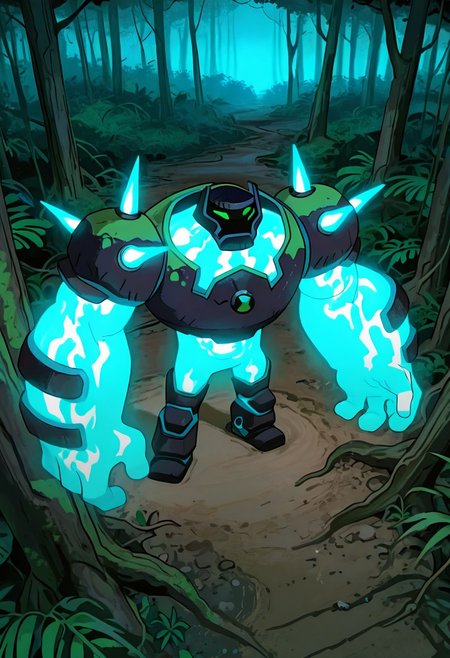 masterpiece, best quality, amazing quality, very aesthetic, absurdres, newest, , detailed background, 
 movie scene, cinematic scene, cinematic, foreground blur, depth of field, 
shckrck, glowing, shoulder spikes, green eyes, helmet, neon trim, blue fire, big arms, massive arms, blue arms, no humans, male focus, short legs, 
in forest, from above, night forest, glowing body, forest animals, jungle, roots,  trees, black trees, night time,