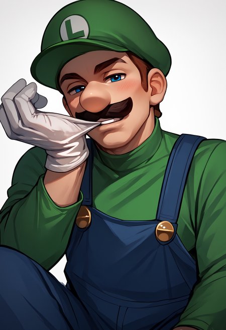 score_9, score_8_up, score_7_up, male focus, gloves, glove biting, mouth hold Incrsluigi, luigi, green headwear, blue overalls, white gloves, long sleeves <lora:AdjustingGlovesWithLips_XLPD:0.9> <lora:Luigi_XLPD:.8> , looking at viewer,  seductive