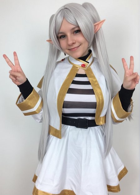 masterpiece, best quality, absurdres, amazing quality, 1girl, medium breasts, v sign, v, half-length portrait, smile, masterpiece, best quality, very awa, absurdres <lora:Frieren_cosplay:0.8> UZ_frieren_cosplay, frieren, long hair, twintails, elf, white capelet, striped shirt, horizontal stripes, long sleeves, belt, white skirt, gold-trim, black pantyhose,