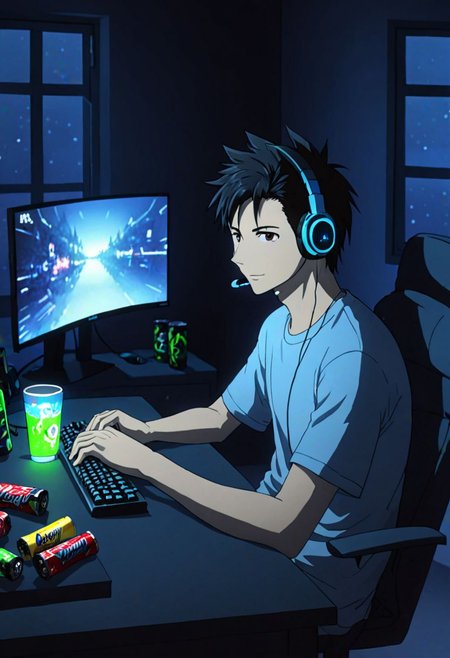 solo, 1boy, detailed_eye_model, easynegative, Soujirou Agata, Brown Eyes, Black Hair, gaming room, bed room, dim lighting, organized items, concentration, focus, tv, keyboard, mouse, pc, bed, pillow, headset, gaming, gamer, energy drink, snack, rgb lighting, happy, spotlight from monitor, window, midnight