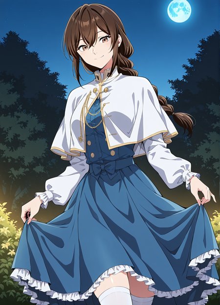<lora:Lilia_Helstea__The_Beginning_After_the_End__Illustrious:1>
1 girl, solo, brown hair, brown eyes, long hair, hair between eyes, single braid
blue uniform, long sleeves, white capelet, white theghhighs, long skirt, blue skirt, frills
score_9, score_8_up, score_7_up, source anime, BREAK, cowboy shot, Masterpiece,(perfect female body:1.2), small waist, (incredibly detailed:1.4), slim, beautiful fingers, beautiful skin, looking at viewer, breasts, skirt hold, long sleeves, smile, garden backgroun, exterior, background, looking at viewer, night, blue moon