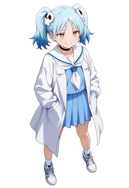 masterpiece,high quality details, absurdres,
 <lora:Izutsumi_Marín:0.8>
izutsumi_cnr, 1girl, blue hair,yellow eyes, multicolored hair,  skull hair ornament, twintails, black choker,ear piercing,
white sailor collar, blue serafuku, blue shirt,blue skirt,labcoat, white socks, sneakers,, simple background, white background, from above,solo,, stifled laugh,crazy smile,, :c,, ultra realistic, high detailed skin,