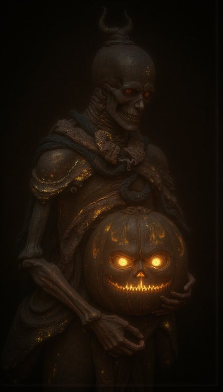 GLOW,intricate tetradic colors in every details,FLUORESCENT,asian woman, A skeleton cradling a carved jack-o-lantern, tenebrous and painterly, evocative of a Dutch vanitas. Render in a palette of ochre, umber, and sepia, with a subtle sfumato lending depth to the skeletal form. The lighting should be chiaroscuro, emanating from the upper left, casting the right side of the skeleton and pumpkin in shadow. Opt for a medium shot, allowing the subject to dominate the frame against an amorphous, dark background. Concentrate on the juxtaposition of mortality symbolized by the skeleton, and the ephemeral nature of life represented by the flickering candle within the pumpkin.