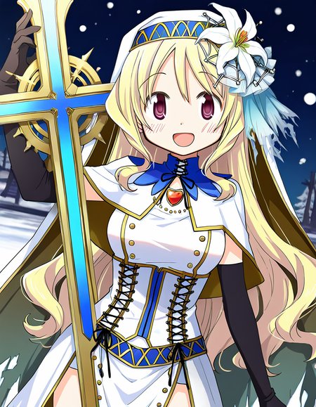 masterpiece, best quality, newest, absurdres, highres, safe, 1girl, togame momoko \(sister ver.\), magia record: mahou shoujo madoka magica gaiden, holding cross \(weapon\), solo, open mouth, snowing, outdoors, dutch angle, <lora:togame_momoko_noobaiXLNAIXL_vPred10Version:0.7>